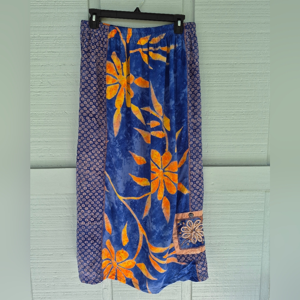 VTG Bali Emerald Blue & Orange Boho Hippie Floral Maxi Skirt Petite XL